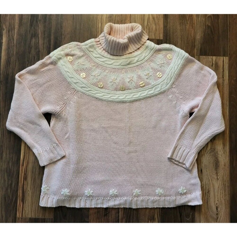 Vtg Chaus Pink Raime Cotton Heavy Knit Fair Isle Turtleneck Sweater Oversized Lg
